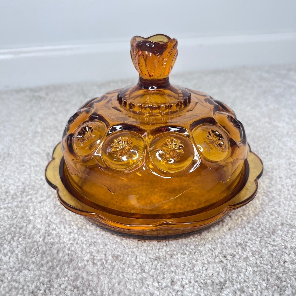 L.E. Smith Vintage Moon and Stars Amber Butter Candy Dish